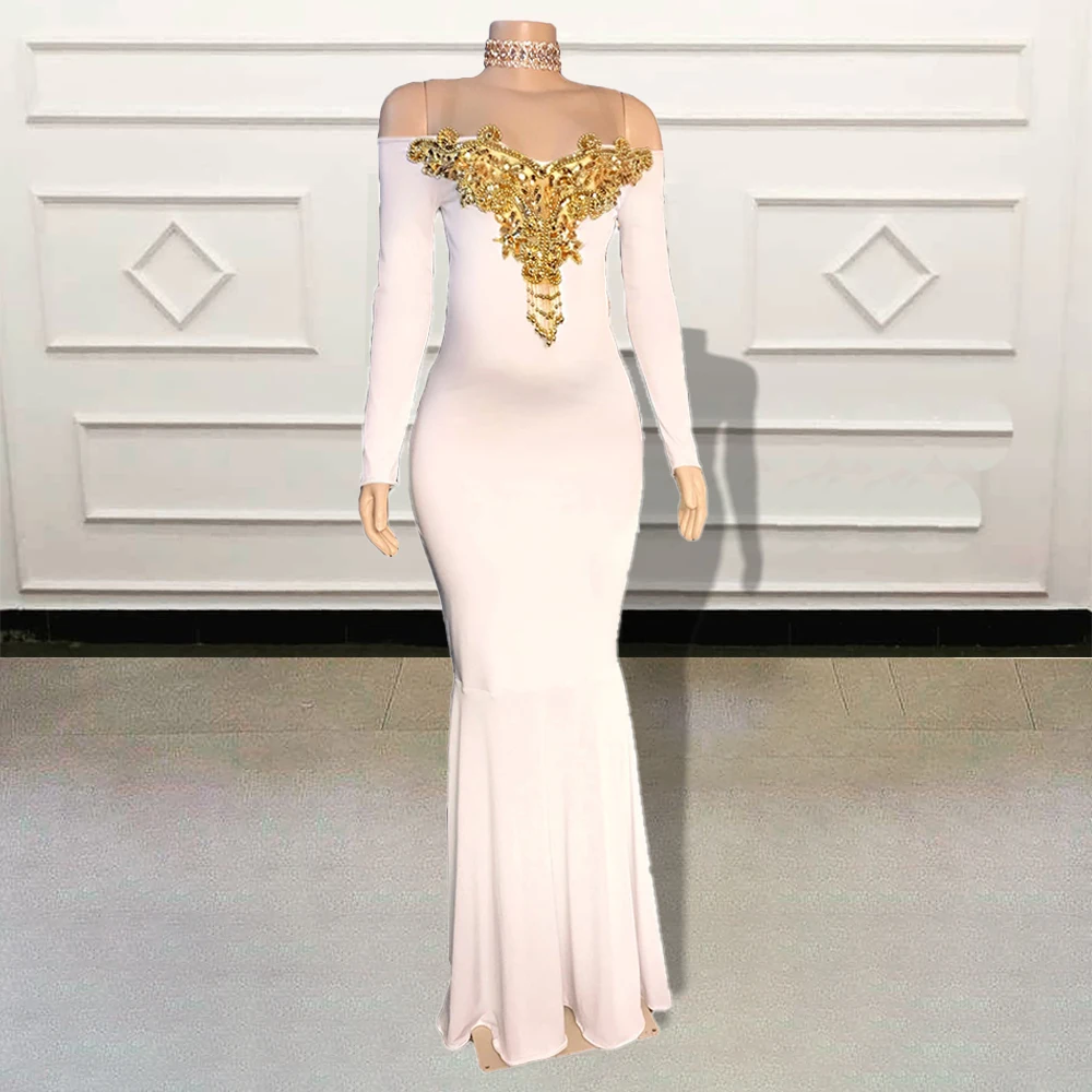 

Gold Appliques Lace Straight Long Prom Dress for Pregnant Women with High Side Slit And Full Sleeves Elegant Formal Evening Gown