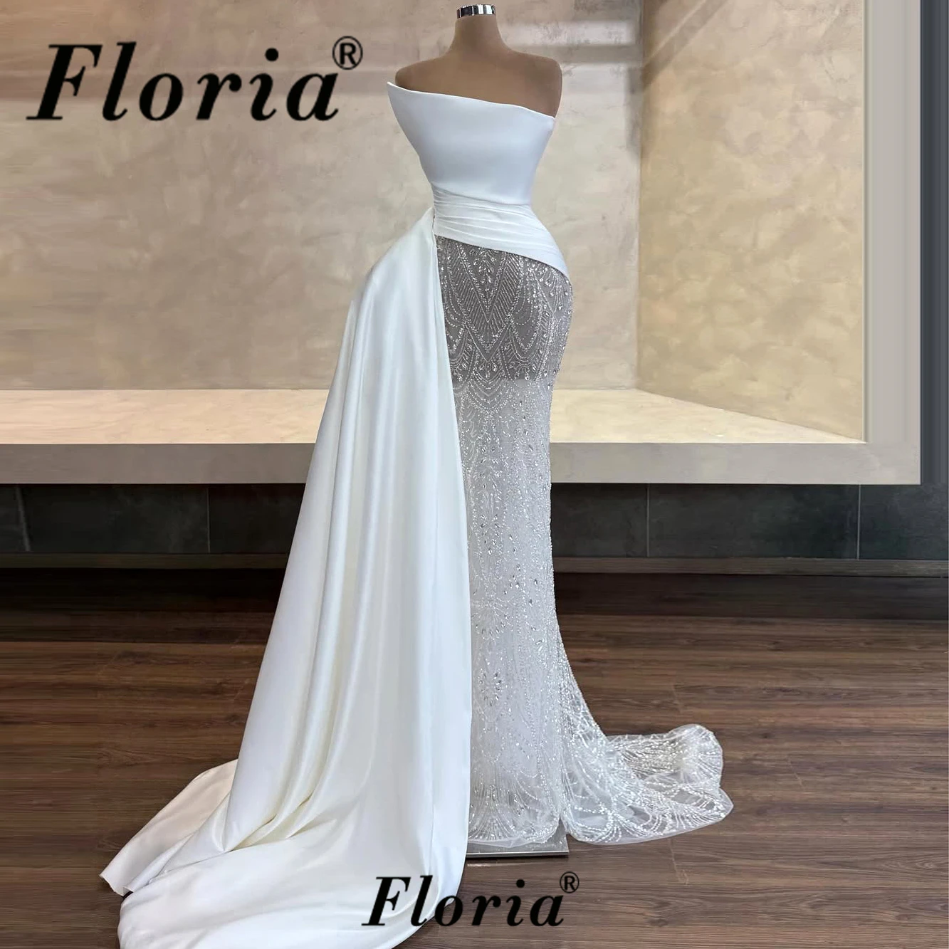 

Elegant Ivory Mermaid Wedding Dress with Side Train Bridal Evening Dress Exquisite Sequin Crystal Wedding Party Dress Customized