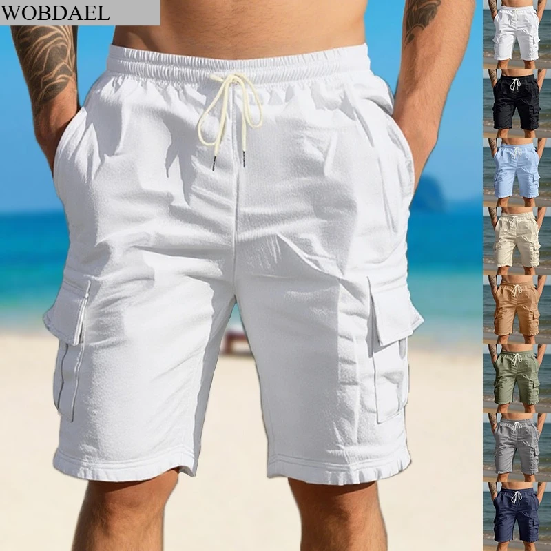 

WOBDAEL мужские шорты-карго летние пляжные льняные короткие эластичные талии с несколькими карманами модные повседневные спортивные шорты мужские уличные брюки