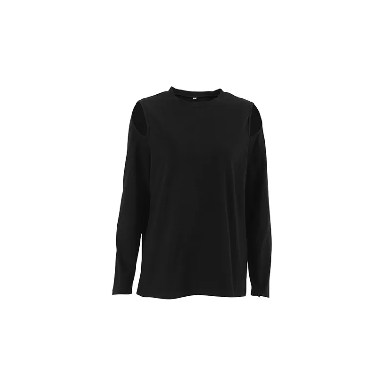 Pure Cotton Black Simple Long-sleeved T-shirt with Bare Shoulder Hollow-out Design Tees for Women