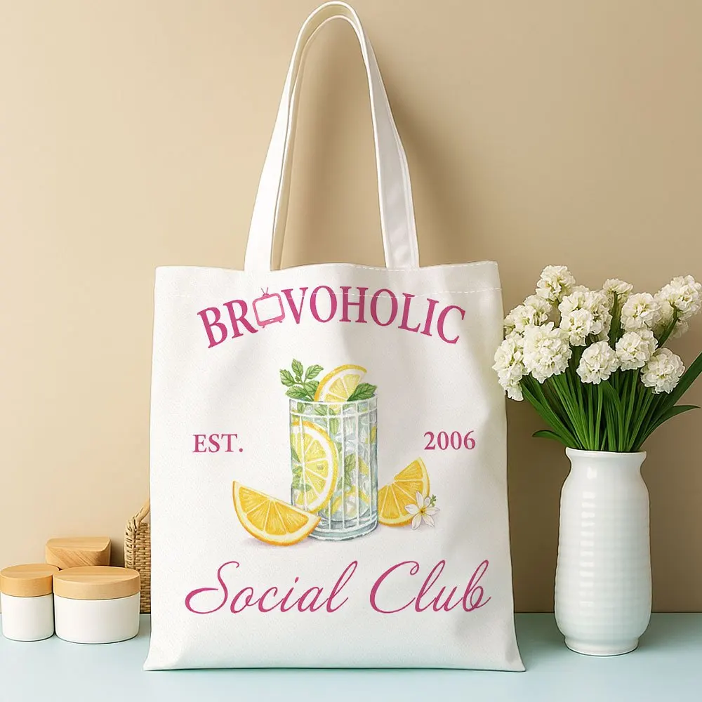 Retro Cocktail Print Tote Bag for Women Brevoholic Lemon Shoulder Bags with Fixed Straps Durable Unlined Travel Shopping Bags