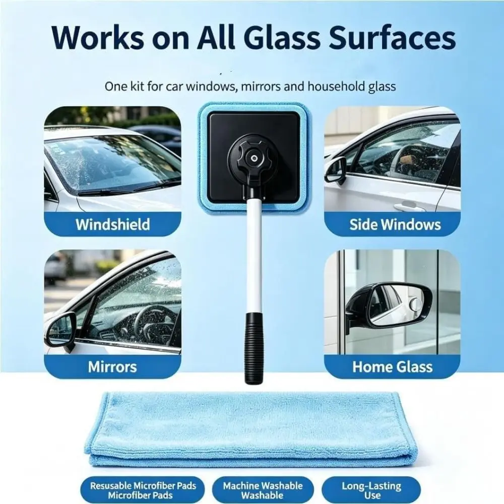 Extendable Handle Windshield Cleaner Glass Cleaning Kit Streak-Free Car Window Cleaning Tool Detachable Pads Magnetic Lock