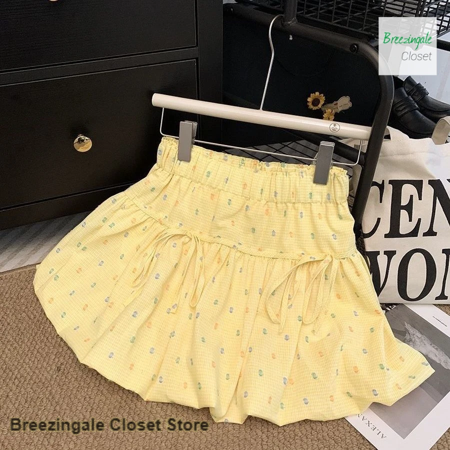 Korean-style sweet and lovely colorful polka-dot floral bud skirt skirt women's summer new fashion elastic waist fluffy skirt.