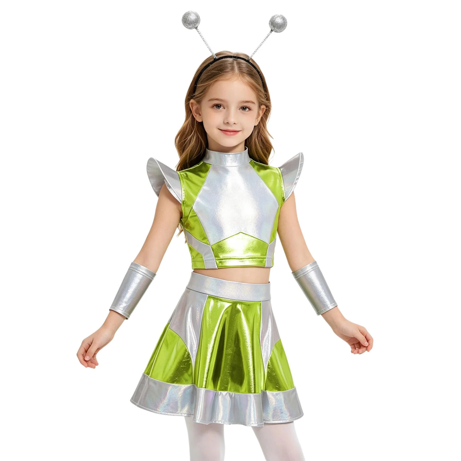 Halloween Astronaut Robot Space Cutie Cosplay for Kids Girls Alien Costume Suit Cap Sleeve Metallic Crop Top And Skirt Hair Hoop