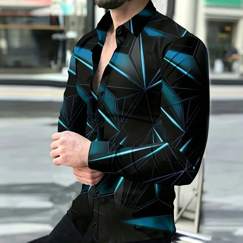 Luxury‑Style Men Lapel Collar Shirt Black Marble Base White Rose Gold Vein Print Polyester Long‑Sleeve Blouse