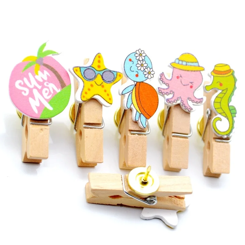 5pcs Push Pins Wooden Clip Photo Clips Pushpins Be Nailed To Wall Safety Thumbtack Office Thumb Tack Pin Stationary Binding DIY