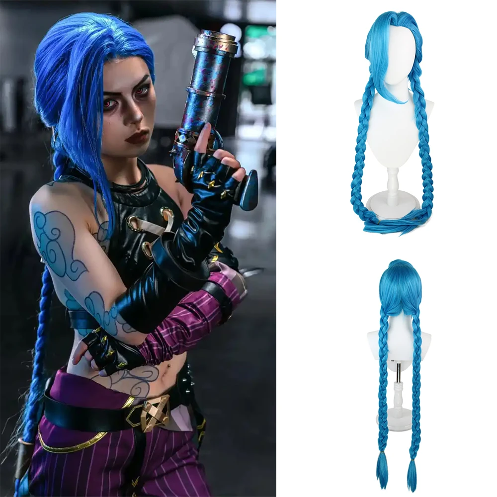 عالية الجودة غامض معركة Jinx تأثيري الشعر الاصطناعية 46 بوصة الأزرق مزدوجة الضفائر هالوين أنيمي لعبة Lol Rampage فتاة شعر مستعار