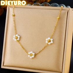 DIEYURO 316L Stainless Steel Golden Minimalist Pearl Montage Flowers Necklace Women Trend Fashion Collarbone Chain Jewelry Gift