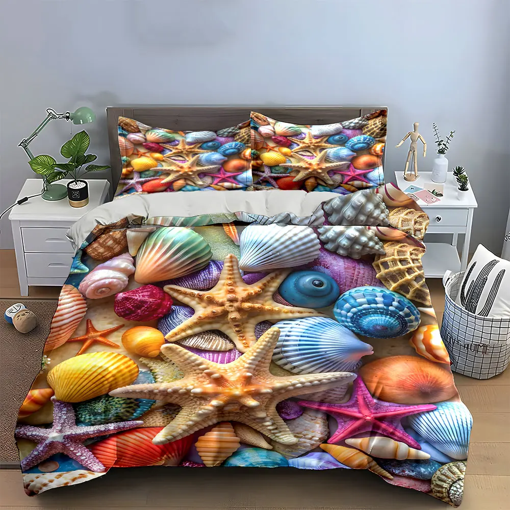 Colorful Seashell Starfish Decor Bedding Set with 1 Duvet Cover 2 Pillowcases Single Double King Queen, Gift