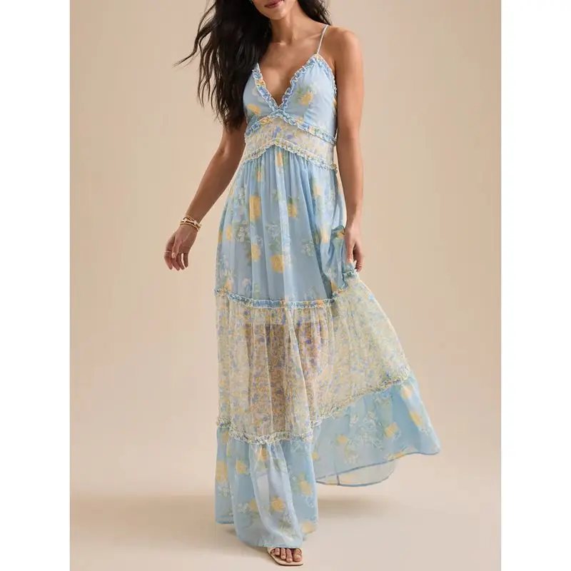 Combhasaki Women Summer Ruffled Frills Trim V-Neck Adjustable Shoulder Straps Backless Cross A-line Floral Long Dress Beachwear