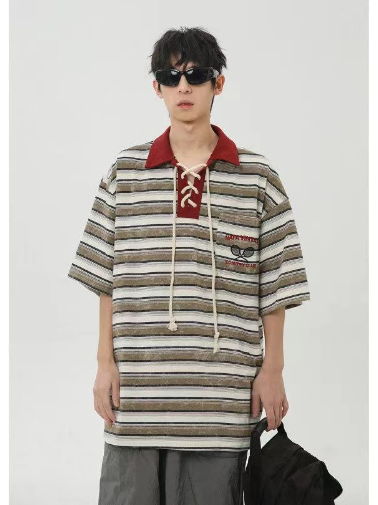 

Summer American Retro Short Sleeve Polo T-Shirt Striped Patchwork Lace-Up Collar with Chest Pocket Regular Shoulder Unisex Top