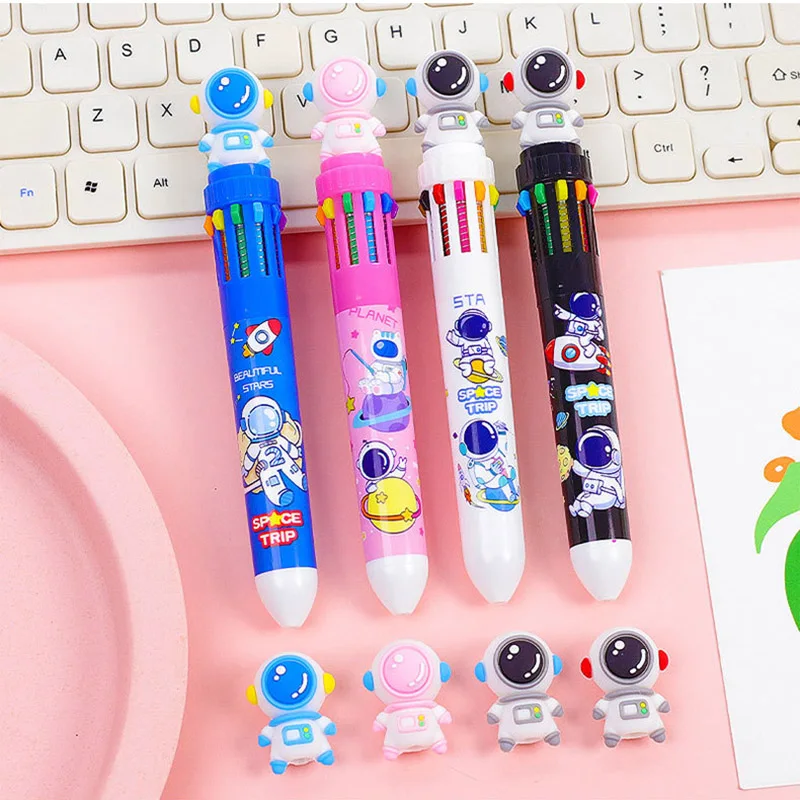 4Pcs Cartoon Multicolor Astronauts 10 in 1 Colors Ballpoint Pens for Kids Birthday Party Favors Back To School Stationery Gifts