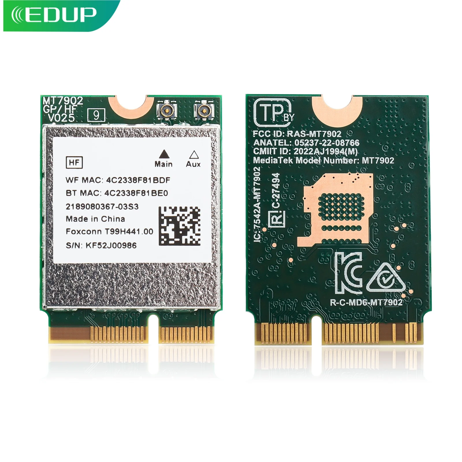 

EDUP MT7902 Wi-Fi 6E Bluetooth 5.3 Wireless Network Card M.2 2230 E Key Tri-Band 2.4G/5G/6GHz PCIe Wifi Adapter for Win 10/11