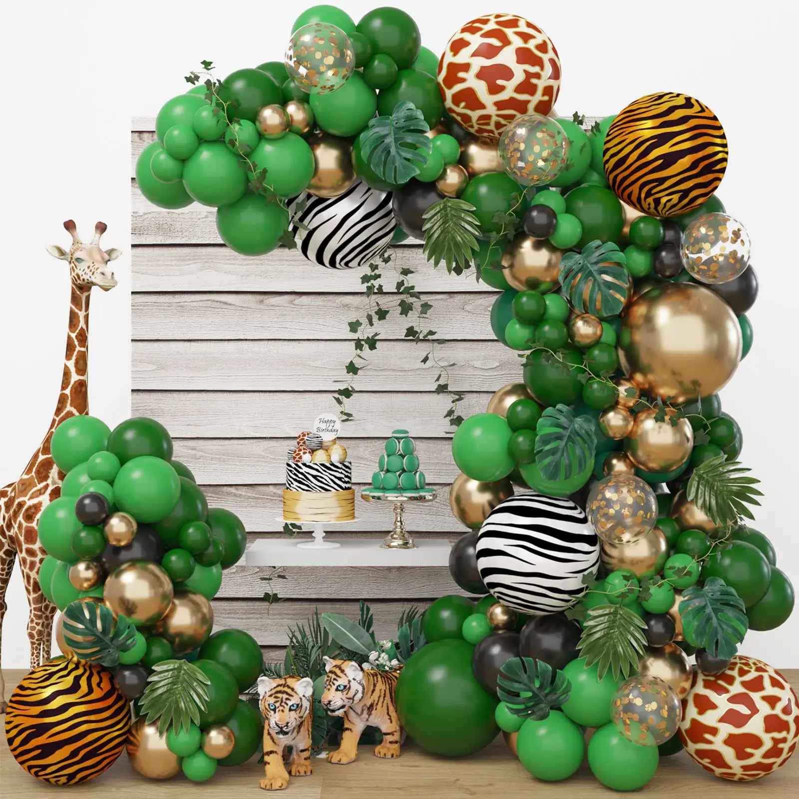 1 Set Jungle Themed Green Wreath Arch Kit Gold Balloons 4D Chrome Foil Ball Party Decorations Wedding Boys Birthday Baby Shower