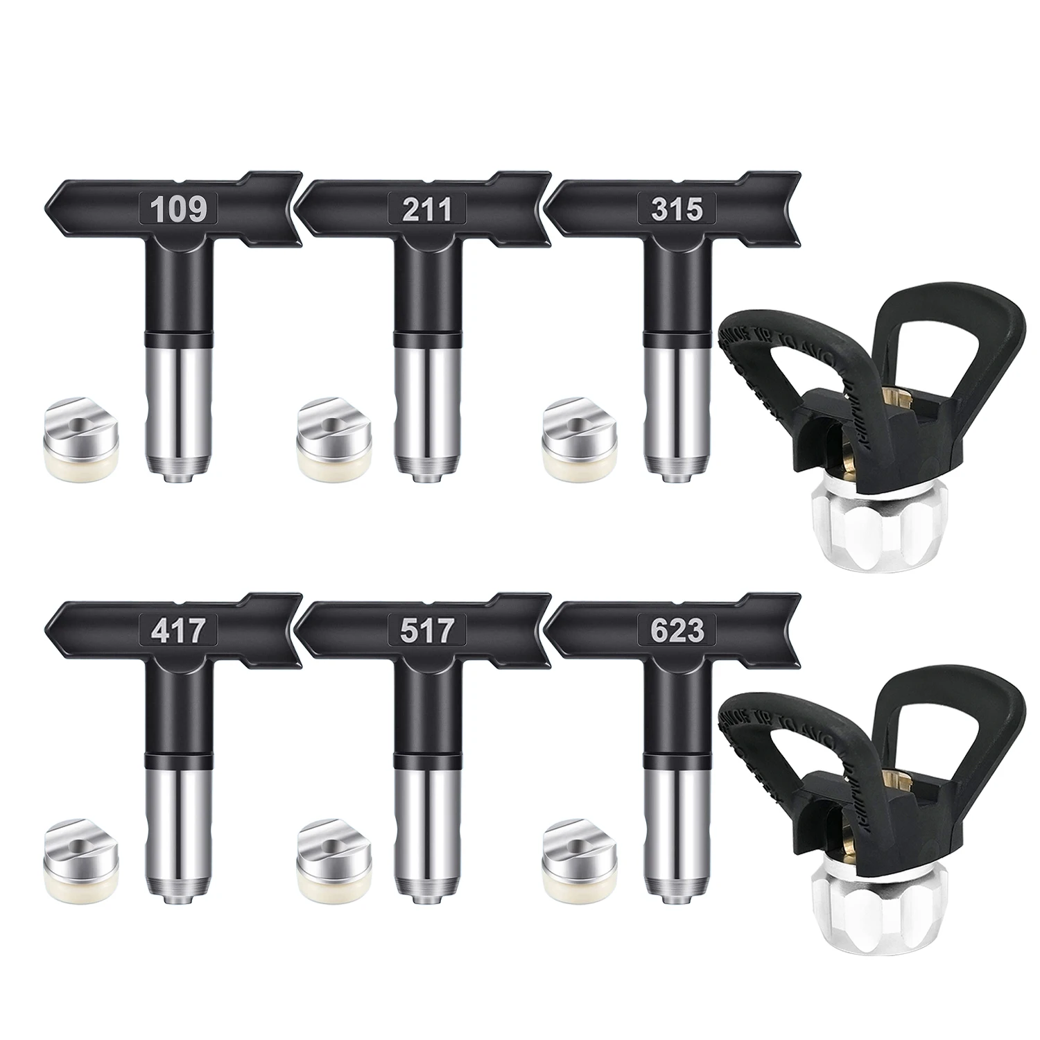 8-Piece Airless Paint Sprayer Package: 6 Black Nozzles with Gaskets (109 211 315 417 517 623) + 2 Black Bases, Airless Paint Sprayer Nozzle Set, Suitable for Contractor Home Construction Garden Deck Painting, Latex Paint Spraying