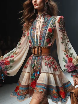 Mini abito da donna casual in stile etnico bohémien Moda o-collo maniche a lanterna Mini abiti stringati con stampa motivo floreale retrò