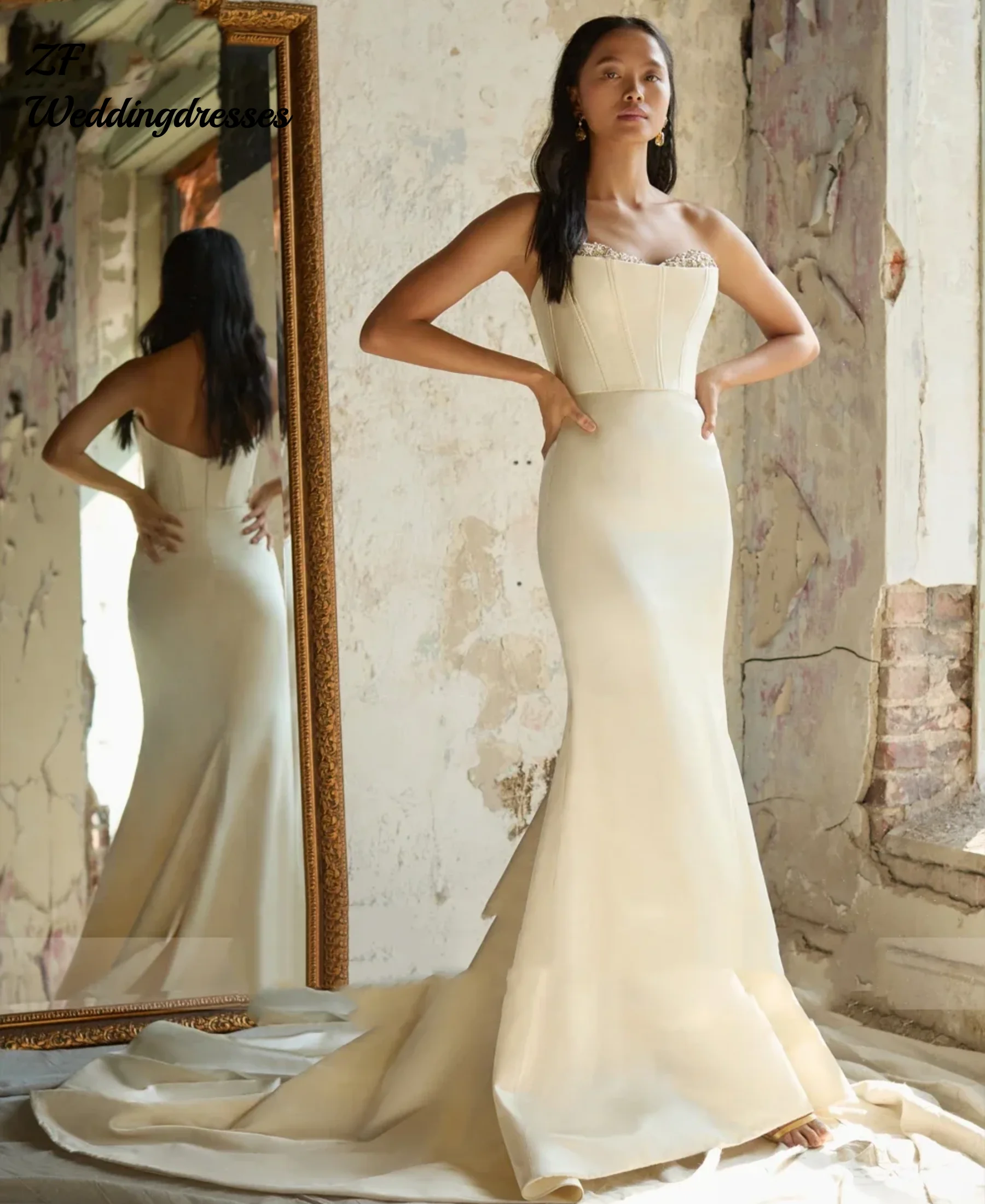 Maßgeschneiderte zarte Perlenstickerei Satin Meerjungfrau Brautkleider schulterfrei 2-in-1-Brautkleider mit abnehmbarem Vestido De