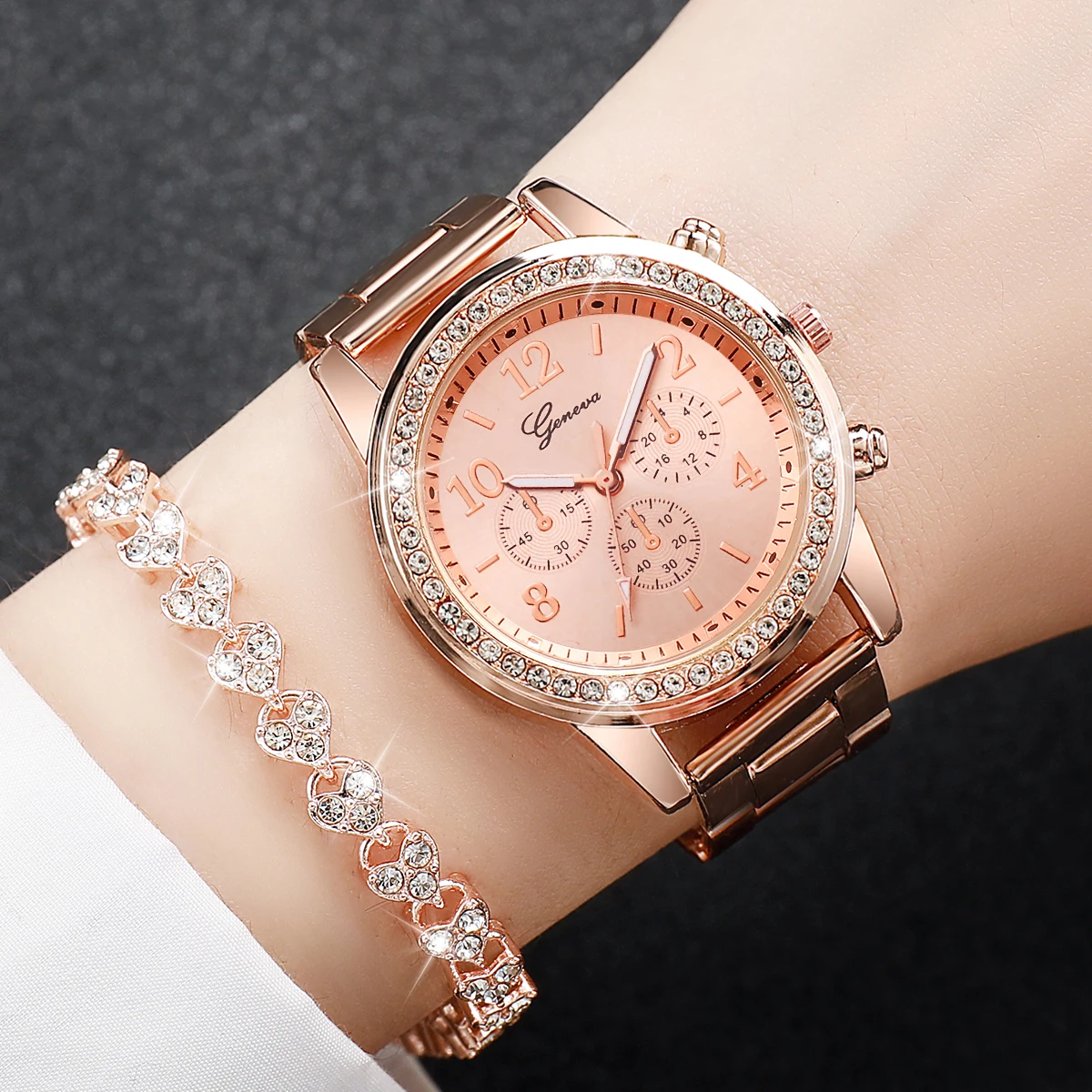 6PCs/Set Fashion Women\'s Style Watch Stainless Steel Strap Quartz Watch Bracelet Set Gold Rose Silver