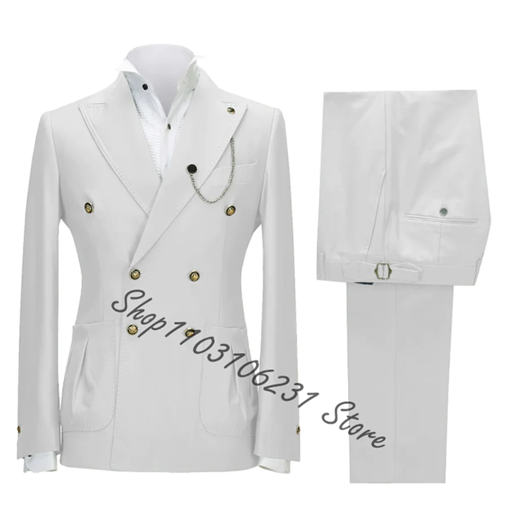 

White Mens Suits Double Breasted 2 Piece Formal Wedding Peak Lapel Casual Tuxedos for Prom Groomsmen Suits Men Blazer Pants