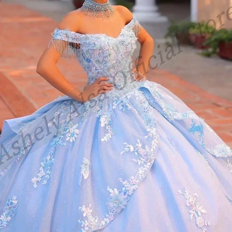 Robes de Quinceanera mexicaines bleu ciel personnalisées pour femmes, robe de Rhen dentelle, robe de Rhde perles, robe de fête d'anniversaire, Off Initiated, AQ33