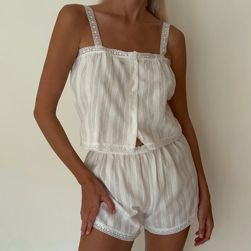 Hiloc Summer Elegant Jacquard Weave Shorts Suits Pajamas Cotton Ruffles White Sleepwear Home Spaghetti Strap Vest Casual Sets