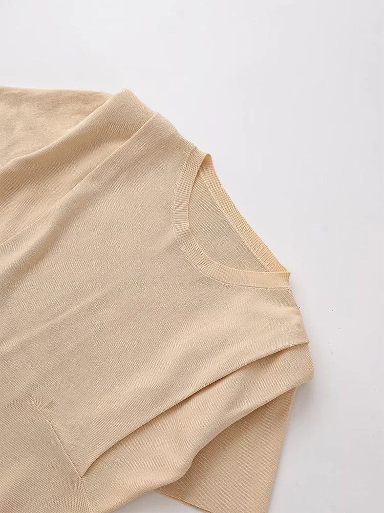 European and American style autumn new fashion trend women's casual wear padded shoulder round neck short sleeve knitted top