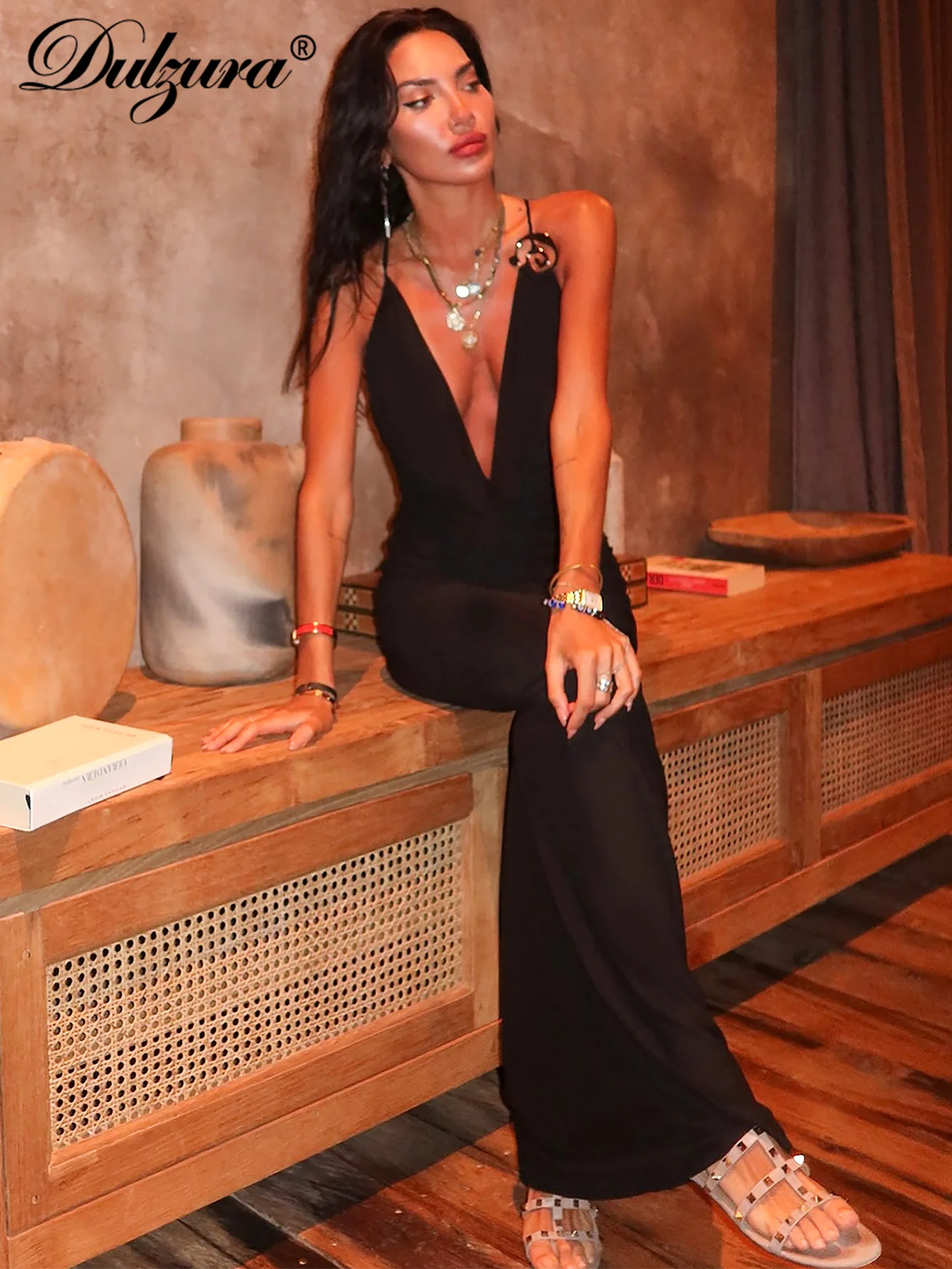 Dulzura col oscillant sans manches dos nu moulante décoration en métal Cami robe Maxi solide Sexy robe élégante tenue de Club de fête