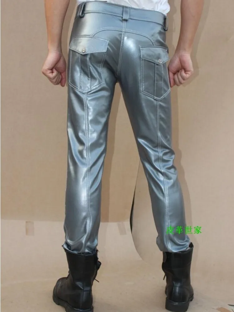 29-39 Men's Casual Clothing Plus Size Trousers Slim Boot Cut Jeans Black Silver Red Male Leather Pants Stage Singer Costumes