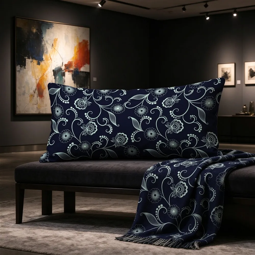 Navy Blue Midnight Floral Print Long Pillow Cover, Elegant Style, Gallery Decorative, Polyester, Body Pillow, Smooth Texture