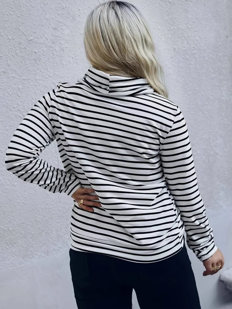 Plus Size Cowl Neck Striped Top Women Long Sleeve Drawstring Pullover Loose Fit Autumn WinterCasual Daily Wear
