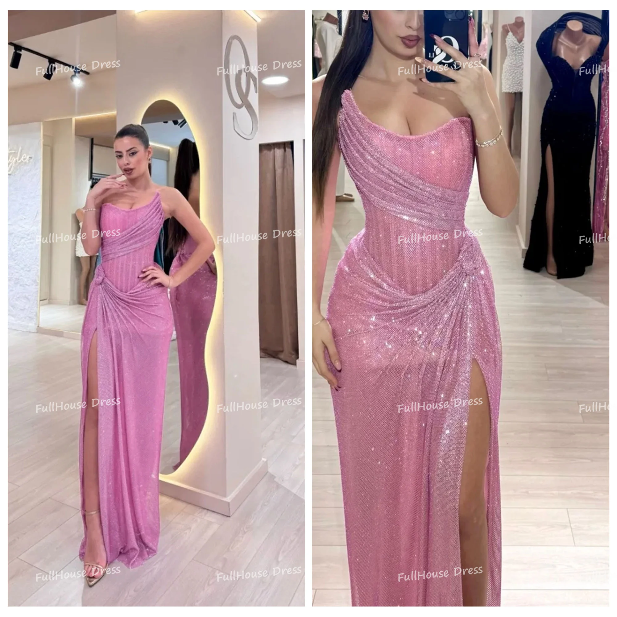 

Custom Made Fantastic Pink Strapless Tiered Pleated Shiny Sequins Prom Gown Sexy Sheath Side Split Long Backless Evening Dress