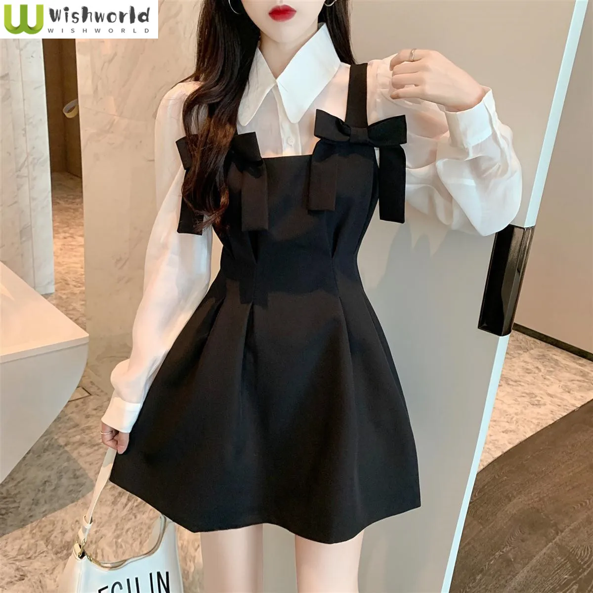 

Fashion Set Women's 2023 Spring and Autumn Season New Korean Loose Shirt Age Reducing Bow Tie Hanging Dress Two Piece Set