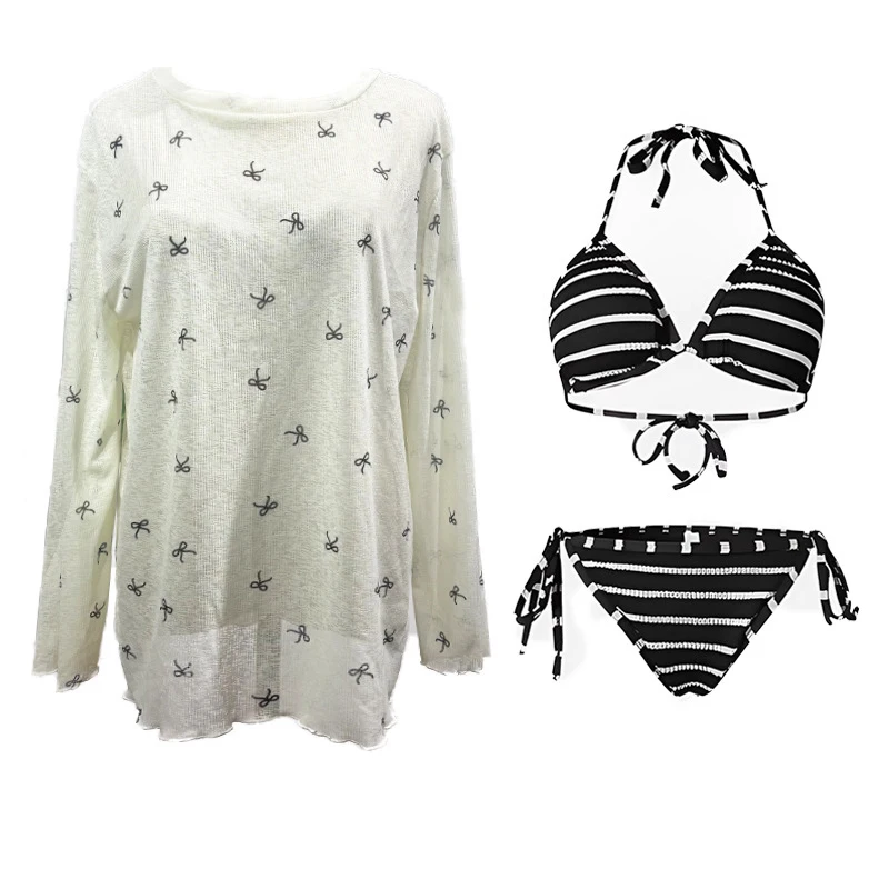 Conjunto de Bikini a rayas rojas para mujer, traje de baño Sexy con abertura para Spa, tentación, estilo de vacaciones, Trikini Spice Girls con cubierta