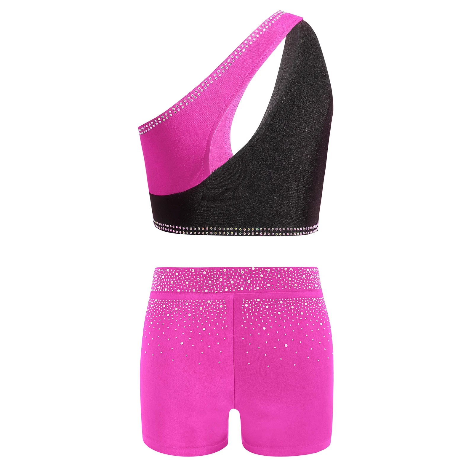 Kids Girls Ballet Gymnastics Dance Outfit One Shoulder Sleeveless Rhinestones Crop Top +Shorts Sports Set Figure Skating Costume