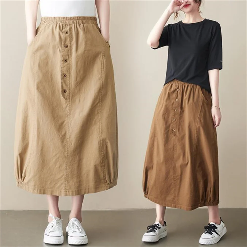 

cotton linen skirt womensummer new loose button lantern skirt long skirt