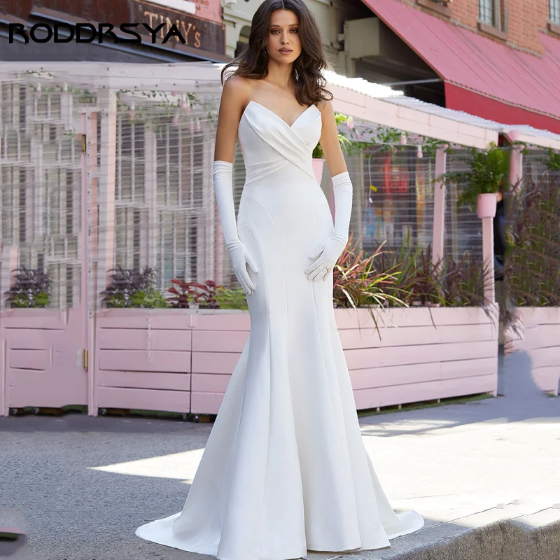 

RODDRSYA Classical Strapless Wedding Dresses Open Back Satin Bridal Gowns Button Sleeveless Mermaid Vestido De Novia Custom Made