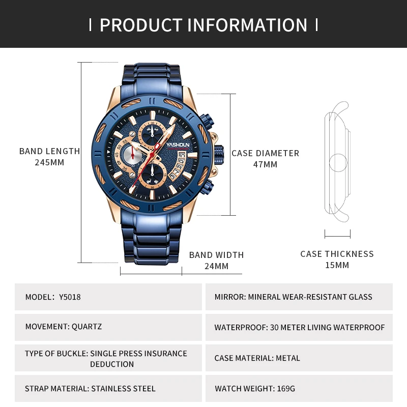 YASHIDUN Herrenuhren, Business-Quarzuhren, multifunktionale Militär-Armee-Edelstahl-Herrenuhr, leuchtende wasserdichte Uhr