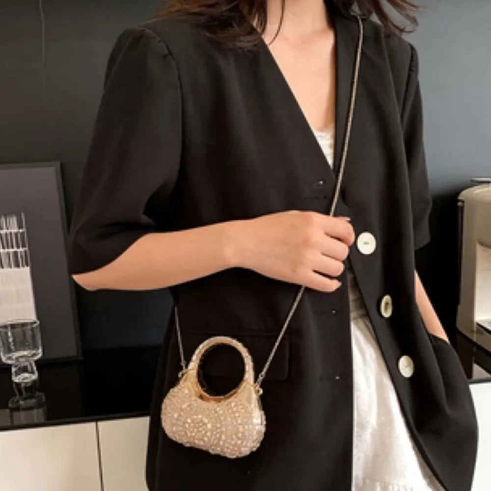 

Crystal Embellished Crescent Evening Clutch Geometric Pattern High-shine Finish Rhinestone Box Purse Reflective Texture