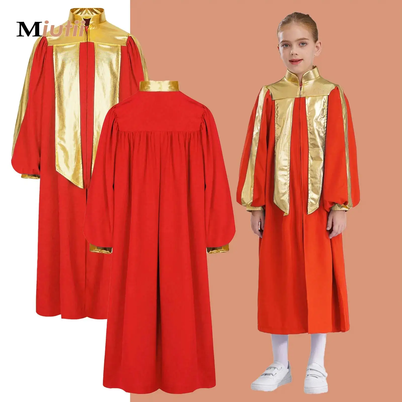 

Boy Girl Metallic Choir Robe Preschool Graduation Gown Color Block Long Sleeve Choir Robe Judge Robes Clothes Worship Praisewear