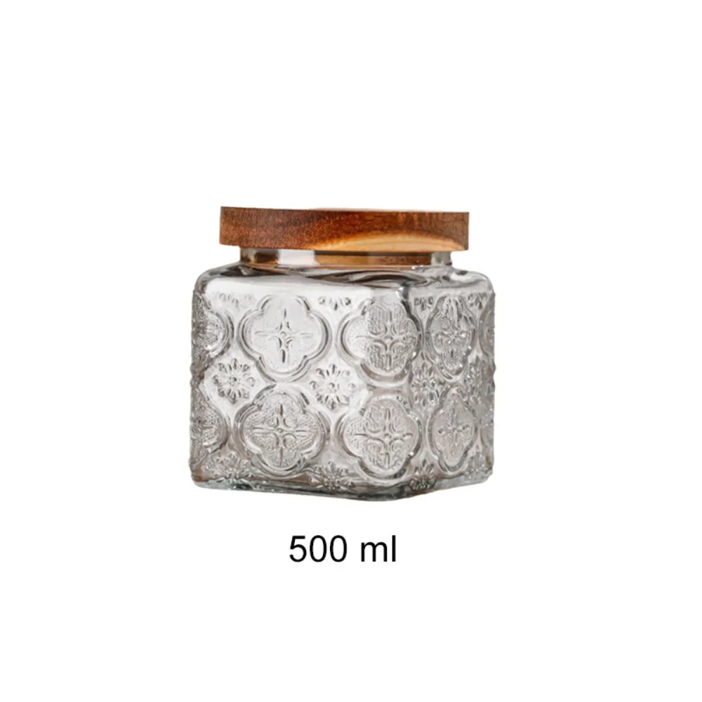 Vintage Embossed Glass Storage Jar Square Wood Lid Kitchen Glass Bottle Moisture-proof Sealed Grains Storage Box Coffee Bean