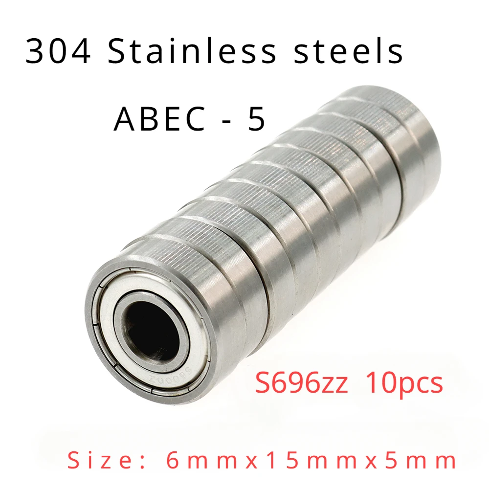 

High Performance 304 Stainless Steel ABEC-5 Miniature Deep Groove Ball Bearings S696zz 6mmx15mmx5mm of 10pcs - Stainless Steel