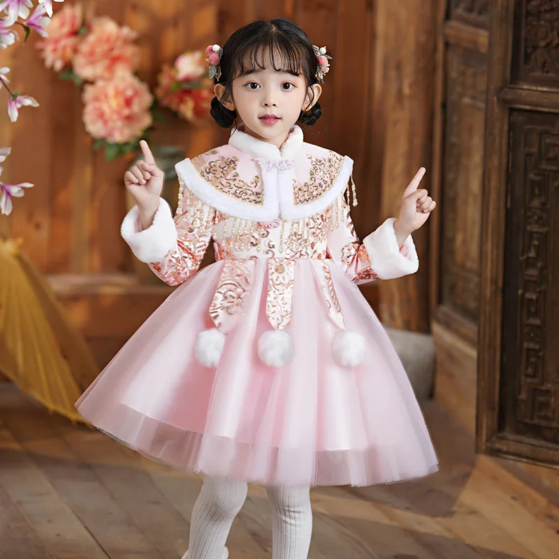 Red Girl Chinese New Year Clothing 2023 New Arrivel Children\'s Hanfu Clothes Ancient Kids Costume Quilted Dress Baby Tang Suit