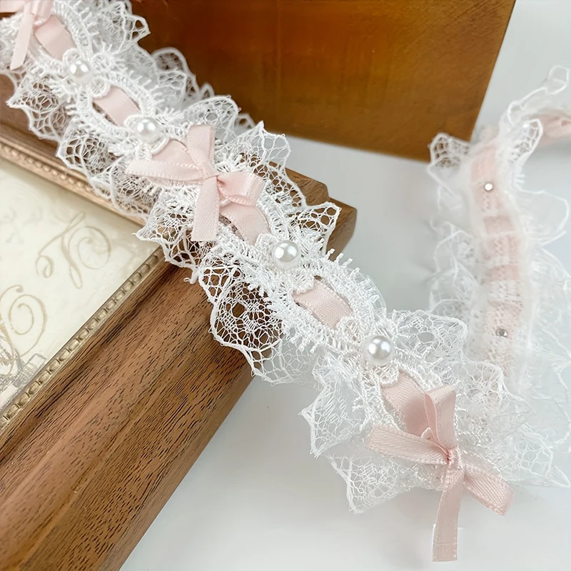 Pearl Bead Bow Ruffled Lace Ribbons