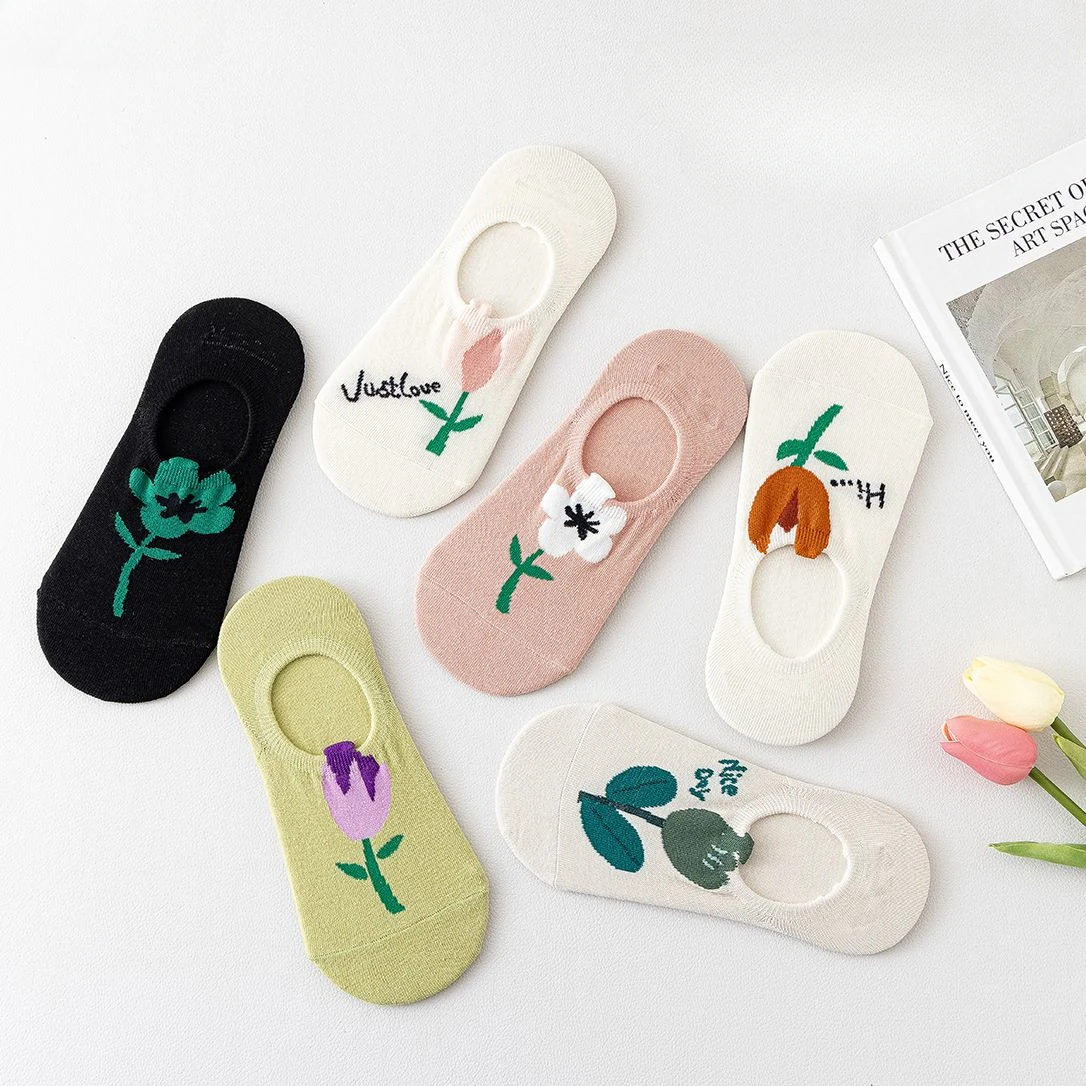 Calcetines náuticos de tulipán para mujer, medias finas de algodón puro, antideslizantes con boca poco profunda, para primavera y verano, 6 pares