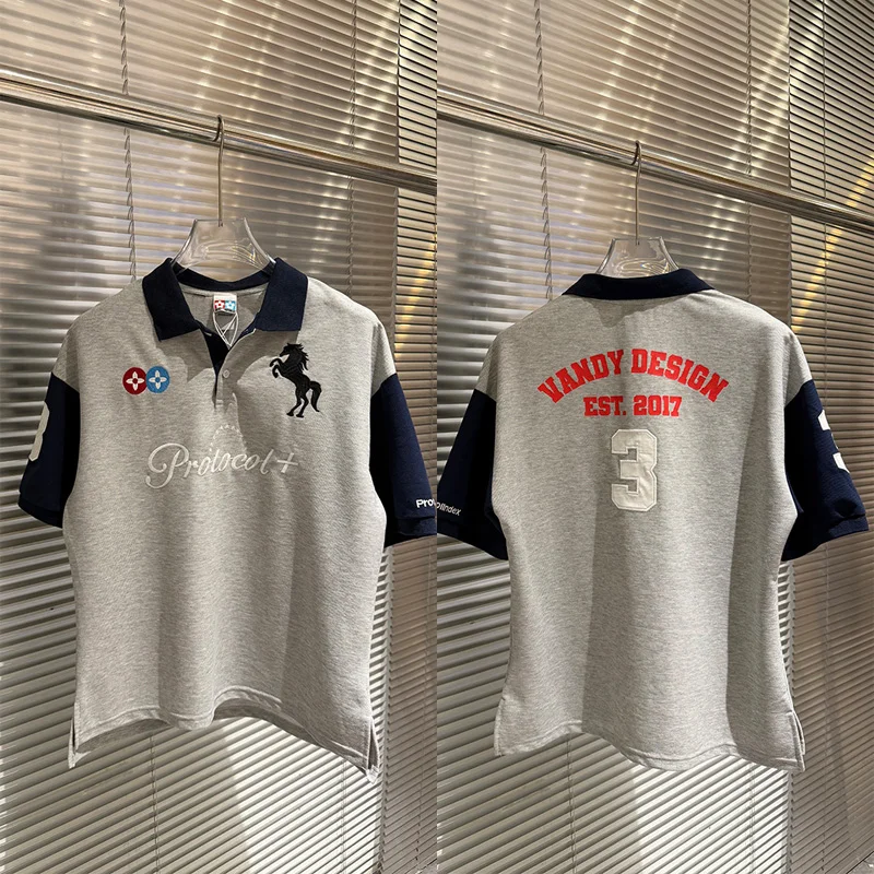 Camiseta Polo de Manga Corta con Bordado de Caballo de Guerra, Color Gris Protocolo, para Hombre y Mujer, Estilo Casual, Holgada, Clásica, Combinable con Todo