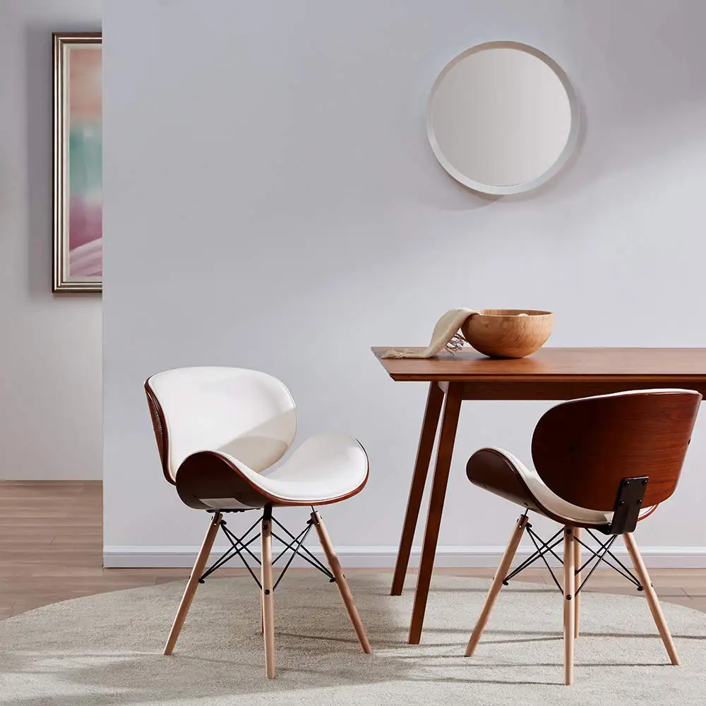 Mid Century Upholstered Faux Leather Dining Chairs Walnut Curved Back Kitchen Accent Set 2, Custom