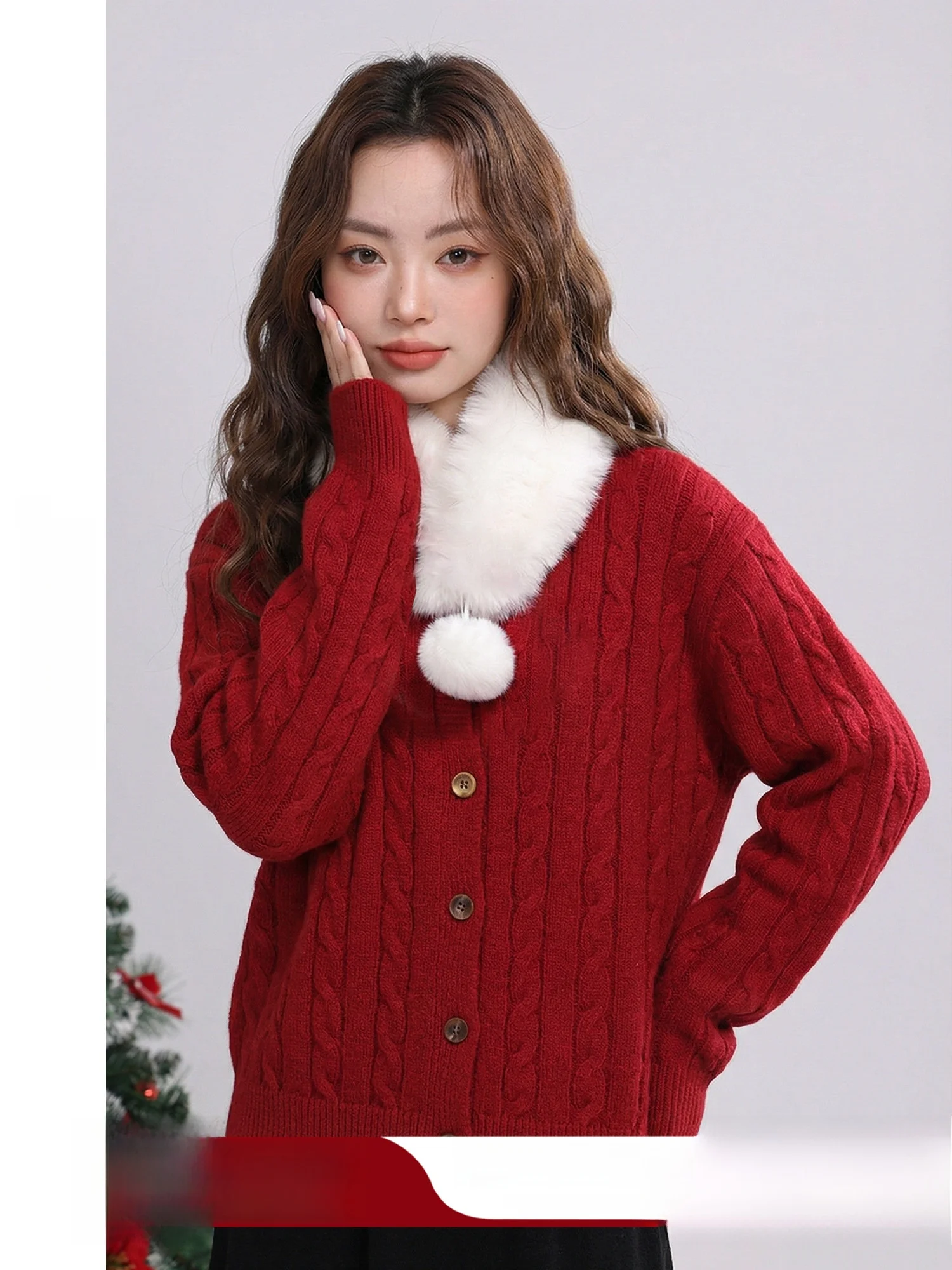 

Red Knitted Sweater Cardigan Women's Fashion Winter New Year's Soft Shirt Twist Yarn round Neck Single Button Long Sleeve