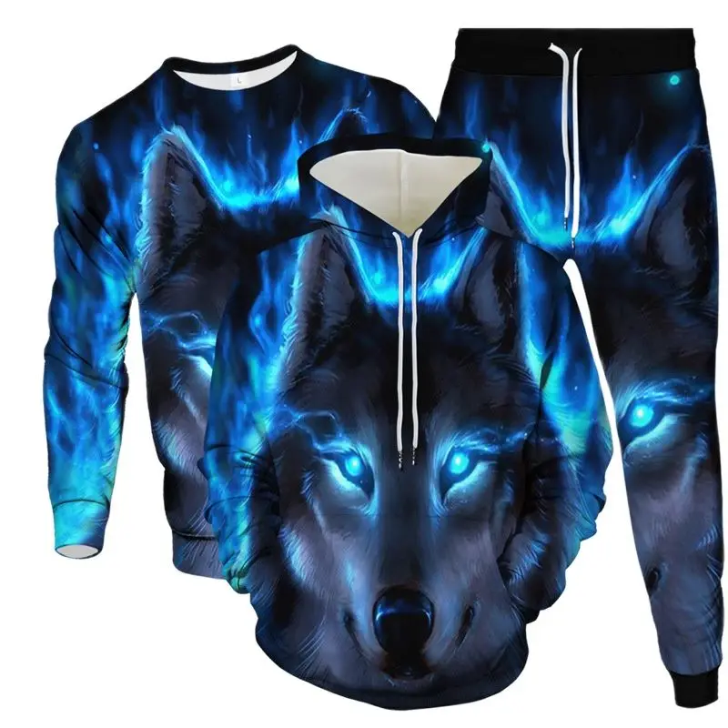 Spring Autumn Men Fashion 3D Tracksuit Animal Wolf Blue Fire Printed Women Clothing Suit Hoodies Sweatshirt Pants 3Pcs Set S-6XL