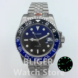 BLIGER Men's Watch 40mm NH35 PT5000 MIYOTA 120 Click case Ceramic bezel Blue Black gloss dial sapphire glass Green luminous