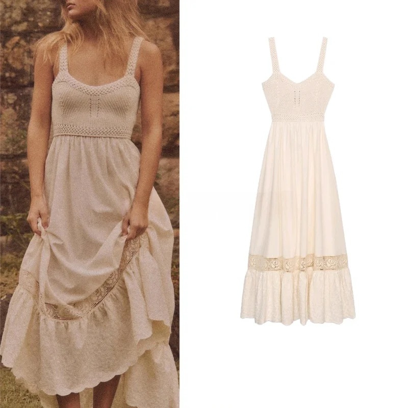 

Ele High Waist Midi Dr Summer New Arrival Beach Sle Knitted Straight Collar Wide oulder Strap Patchwork Long Dr